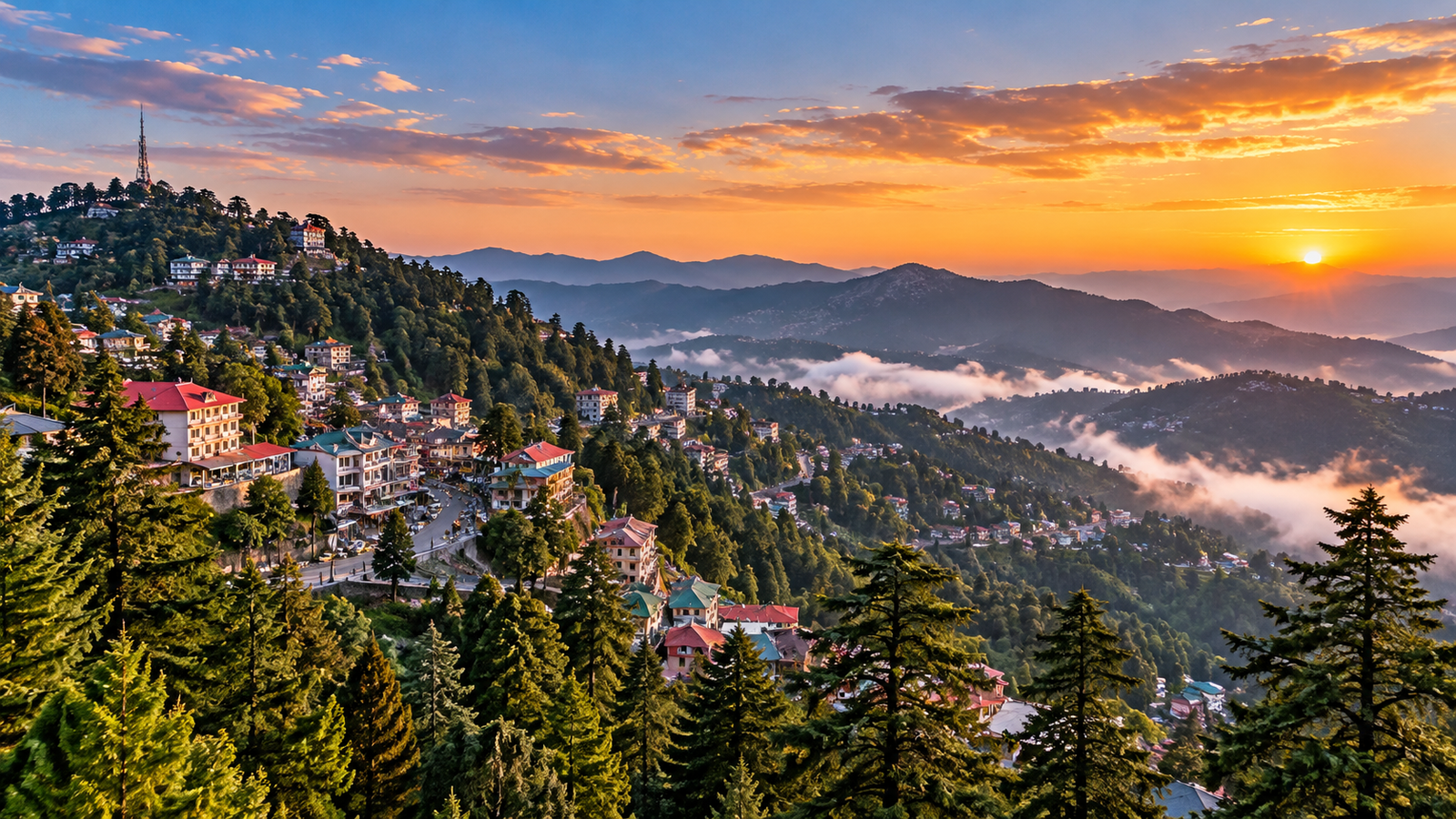 Illustrated panoramic view of a mountain town surrounded by pine forests and hills at sunset