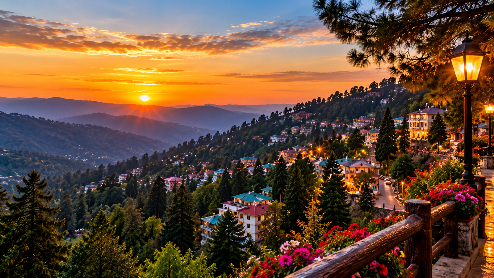 AI-generated illustration of Murree's forested hills and town at sunset