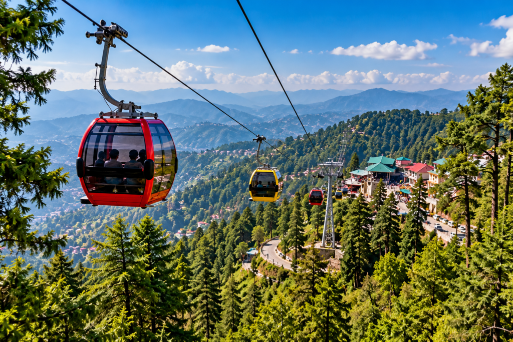 AI illustration of cable car cabins traveling above pine-covered mountain slopes