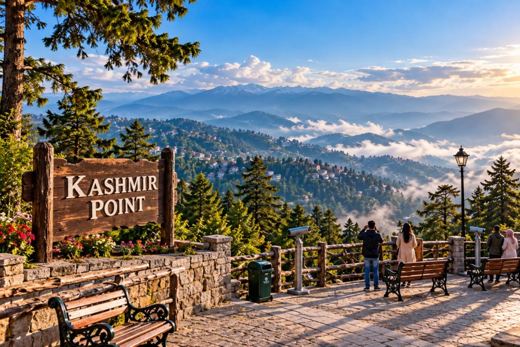 AI illustration of a mountain viewpoint with benches, pine trees and distant misty hills
