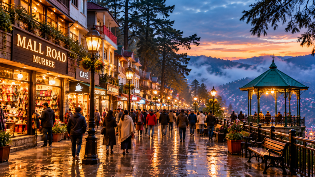 AI-generated illustration of Mall Road in Murree with shops and evening mountain mist