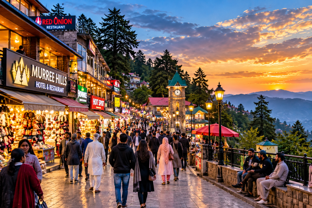 AI illustration of a busy mountain-town shopping street with visitors and illuminated shops at sunset